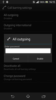 Key in the barring password (default is 0000) and press Enable.