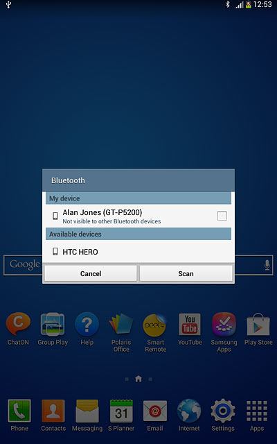 Your tablet searches for devices and after a moment, a list of Bluetooth devices within range is displayed.Press the required Bluetooth device.Follow the instructions on the display to pair the Bluetooth device with your tablet.The new device is displayed on the list of paired devices.