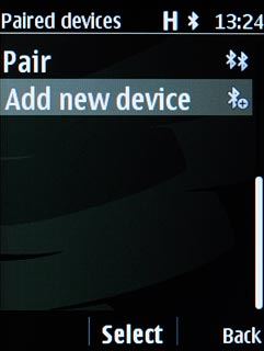 Scroll to Add new device and press the Navigation key.Your phone now searches for devices and after a moment, a list of Bluetooth devices within range is displayed.