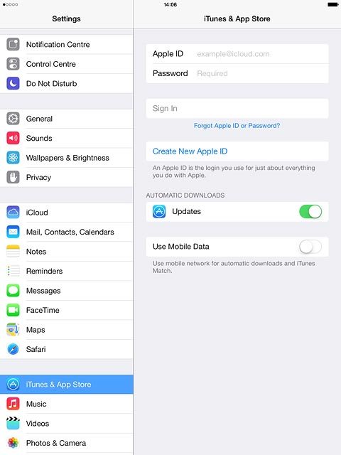 Press Apple ID and key in the username for your Apple ID.