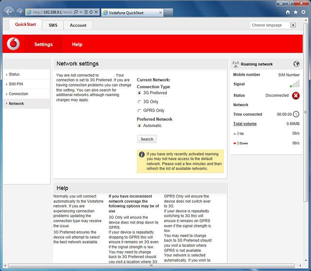 Click Search.Your USB modem searches for networks within range.Follow the instructions on the screen to select the required network.The screen will tell you if you have access to the network you've chosen.