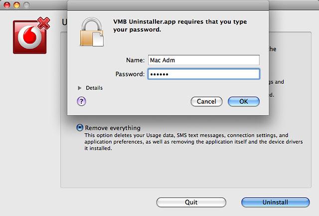 Key in your username and password for the computer and click OK.The USB modem is uninstalled.