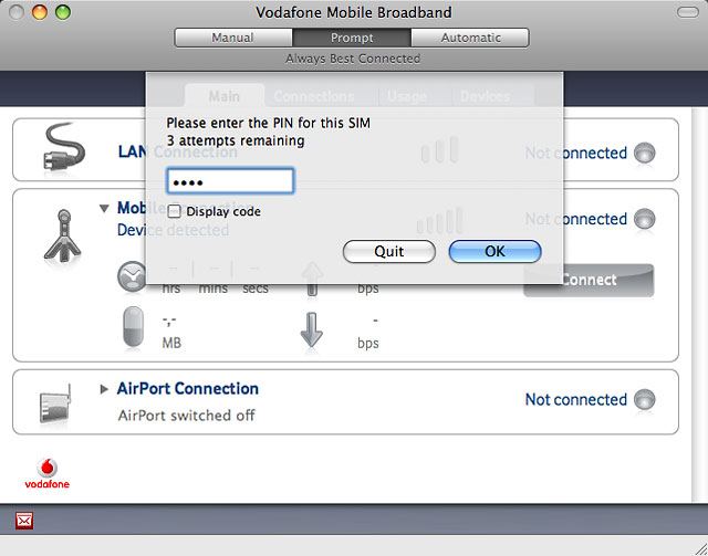 Follow the instructions on the screen to install your USB modem.The USB modem application starts automatically when the installation is complete.Key in your PIN and click OK.