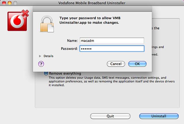 Key in your username and password for the computer and click OK.The USB modem is uninstalled.
