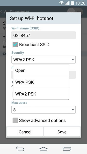 If you want to password protect your hotspot:Press WPA2 PSK.