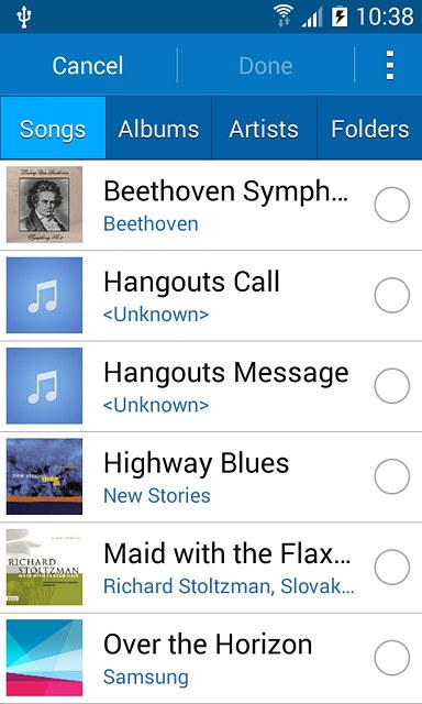 Go to the required folder.Press the different ring tones to listen to them.