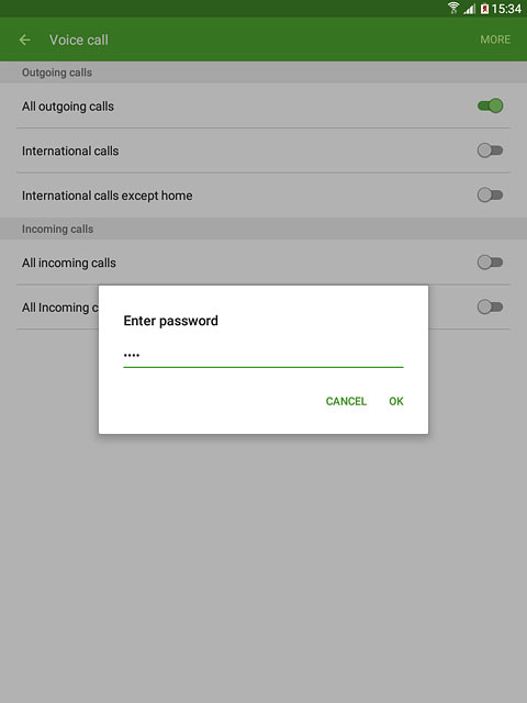 Key in your barring password (default is 0000) and press OK to turn the function on or off.