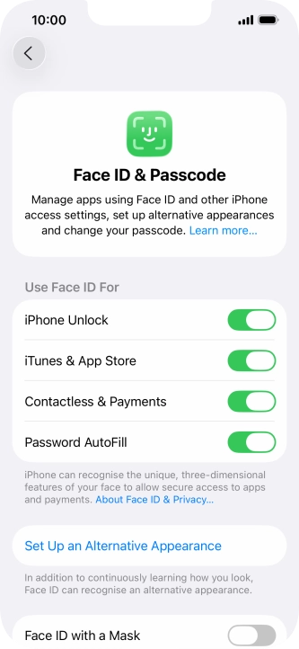 Press the indicators next to the required settings to turn them on or off.