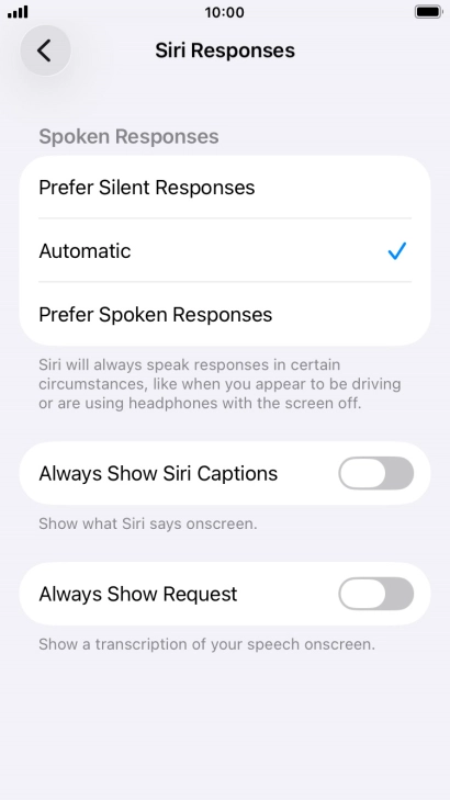Press the required setting.