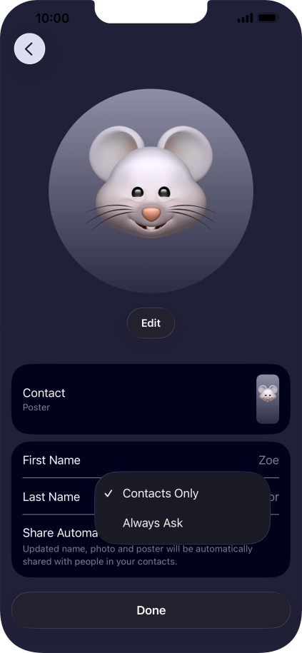 Press the required setting.