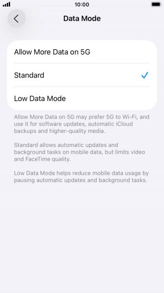 Press the required setting.