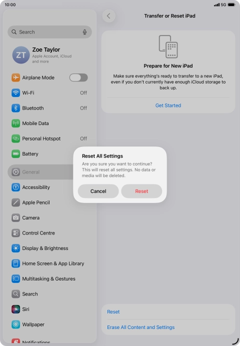 Press Reset. Wait a moment while the factory default settings are restored. Follow the instructions on the screen to set up your tablet and prepare it for use.