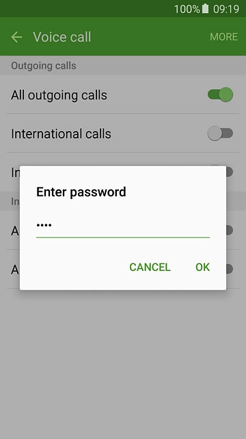 Key in your barring password (default is 0000) and press OK to turn the function on or off.