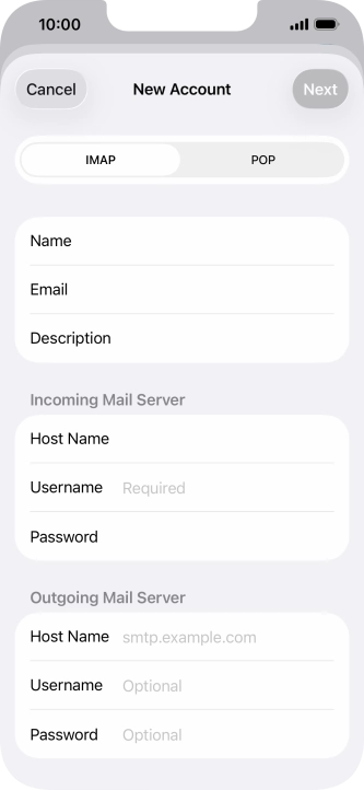 Press Username and key in the username for your email account.
