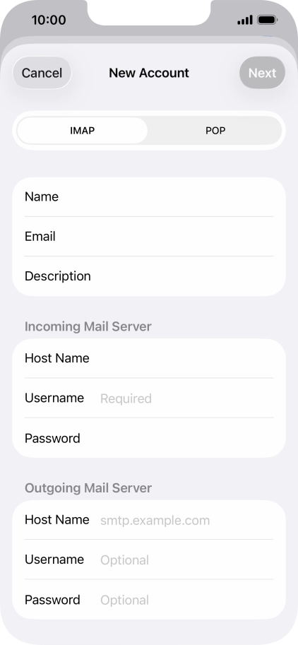 Press Username and key in the username for your email account.