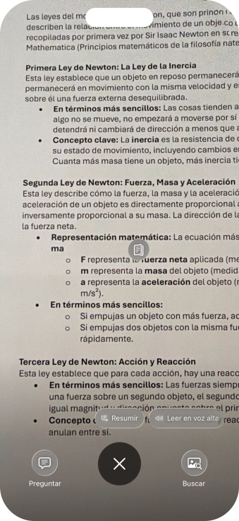 Para utilizar la inteligencia visual en un texto, fotografía el texto, pulsa el ajuste deseado y sigue las indicaciones de la pantalla para utilizar la función.