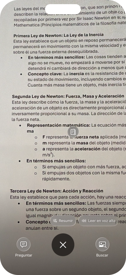 Para utilizar la inteligencia visual en un texto, fotografía el texto, pulsa el ajuste deseado y sigue las indicaciones de la pantalla para utilizar la función.