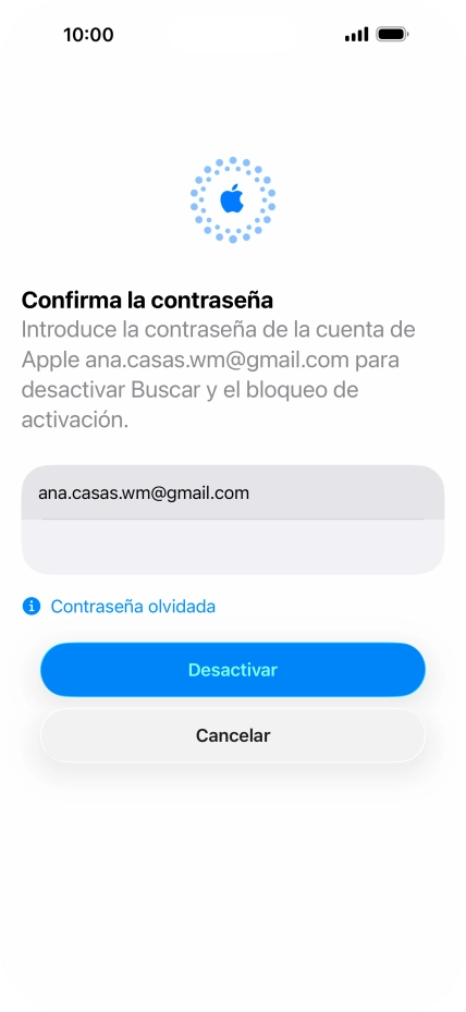 Introduce la contraseña de tu Cuenta de Apple y pulsa Desactivar. Espera unos instantes mientras el teléfono restablece la configuración predeterminada. Sigue las indicaciones de la pantalla para configurar el teléfono y dejarlo listo para su uso.