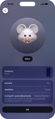 Pulsa los campos del nombre y sigue las indicaciones de la pantalla para editar el nombre del póster de contacto.