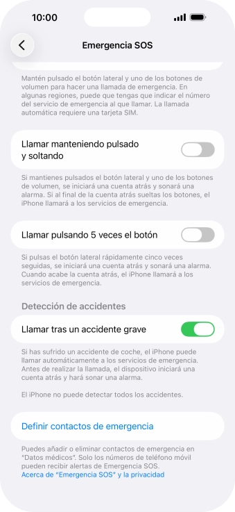 Pulsa Definir contactos de emergencia y sigue las indicaciones de la pantalla para insertar la información y tus contactos de emergencia.