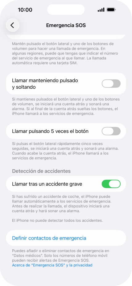 Pulsa Definir contactos de emergencia y sigue las indicaciones de la pantalla para insertar la información y tus contactos de emergencia.