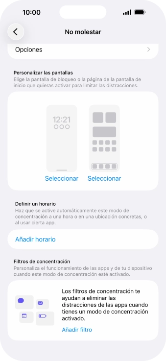 Pulsa Añadir horario y sigue las indicaciones de la pantalla para seleccionar los ajustes de la activación automática de No molestar.