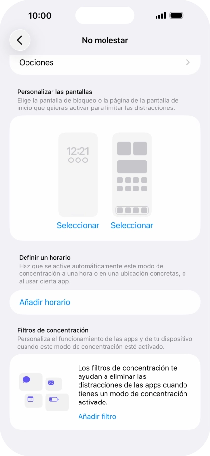 Pulsa Añadir horario y sigue las indicaciones de la pantalla para seleccionar los ajustes de la activación automática de No molestar.