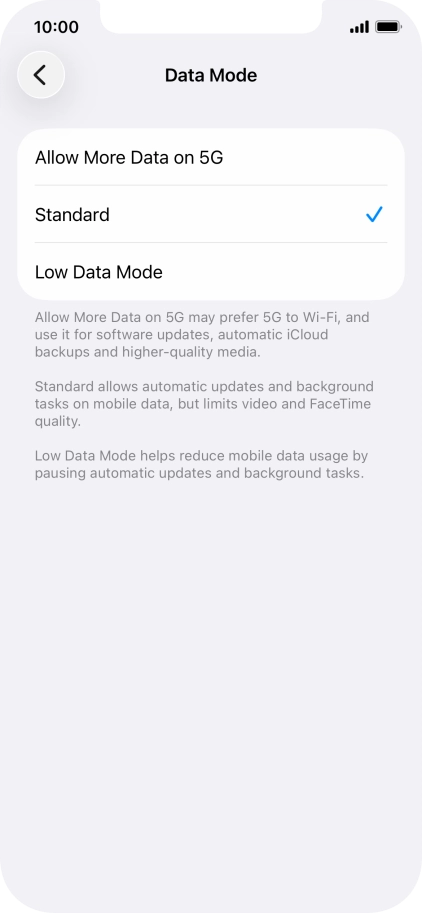 Press the required setting.
