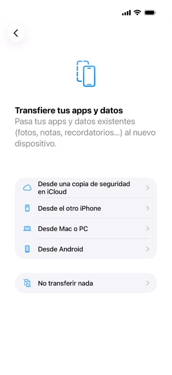Puedes transferir el contenido de otro teléfono Android cuando el teléfono se activa antes de utilizarlo por primera vez y cuando lo restableces. Cuando aparece esta imagen de pantalla, el teléfono está listo para la transferencia de contenido desde otro teléfono Android.