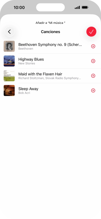 Desplázate a la categoría deseada y pulsa el icono de añadir junto al archivo de música correspondiente.