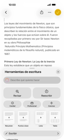 Pulsa Describe qué quieres hacer y escribe con tus propias palabras cómo quieres que se reescriba el texto. Sigue las indicaciones de la pantalla para utilizar la función.