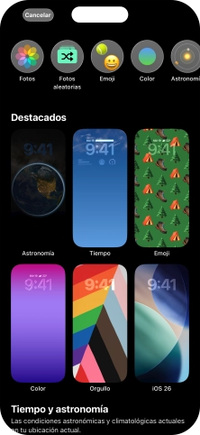 Pulsa una categoría y sigue las indicaciones de la pantalla para seleccionar la imagen de fondo deseada.
