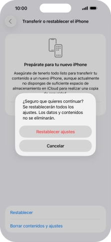 Pulsa Restablecer ajustes. Espera unos instantes mientras el teléfono restablece la configuración predeterminada. Sigue las indicaciones de la pantalla para configurar el teléfono y dejarlo listo para su uso.