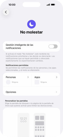 Pulsa Personas y sigue las indicaciones de la pantalla para seleccionar de qué contactos quieres recibir llamadas y notificaciones cuando No molestar está activado.
