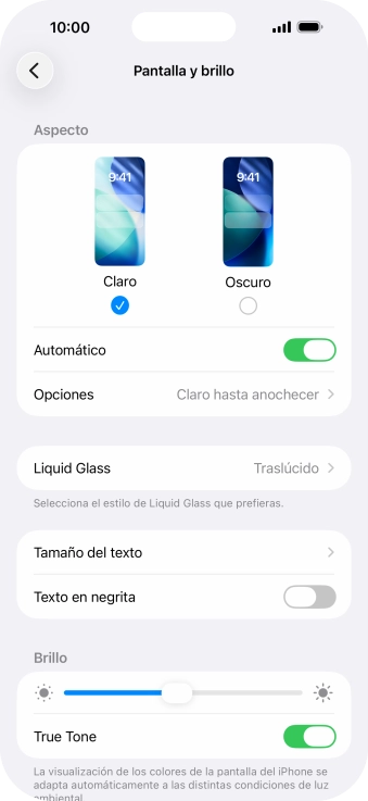Si activas la función, pulsa Opciones y sigue las indicaciones de la pantalla para seleccionar el período de tiempo que debe durar el Modo Oscuro.