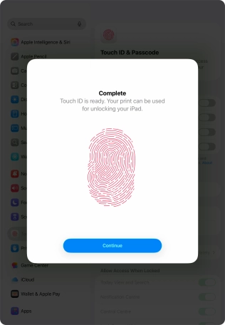 Press Continue. If you haven't previously selected a lock code, key in a code of your own choice twice.