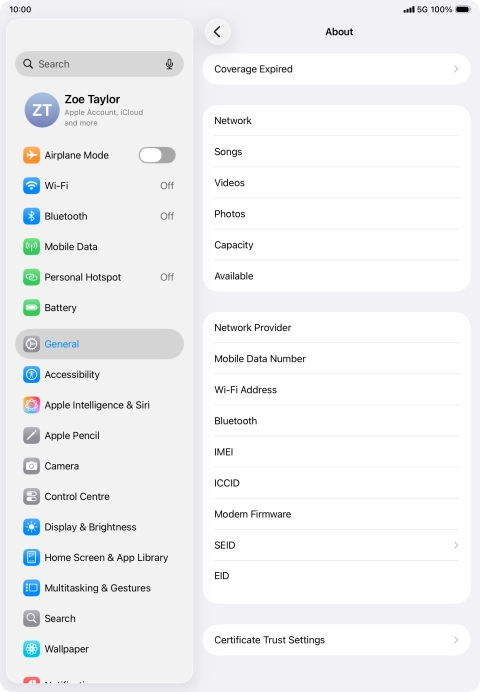 Your tablet's EID number is displayed below EID.