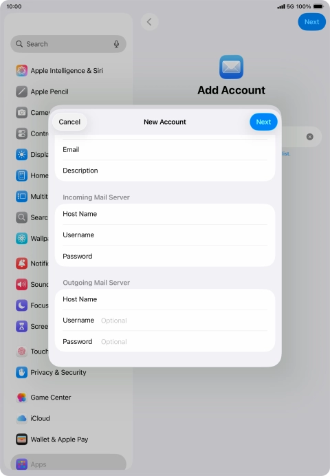Press Username and key in the username for your email account.