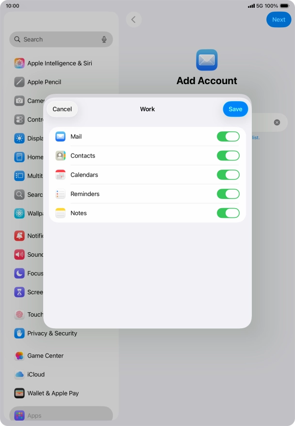 Press the indicators next to the required data types to turn synchronisation of each data type on or off.