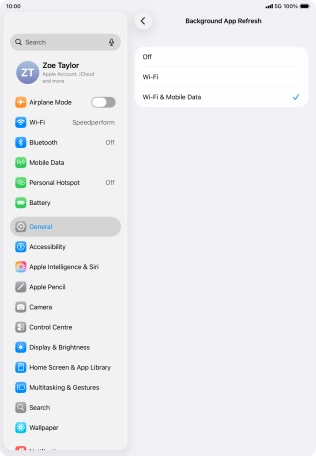 To turn off background refresh of apps, press Off.