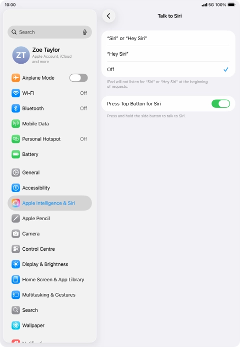 Press the required setting to turn the function on or off. If you turn on the function, you need to follow the instructions on the screen to set up Siri to recognise your voice.