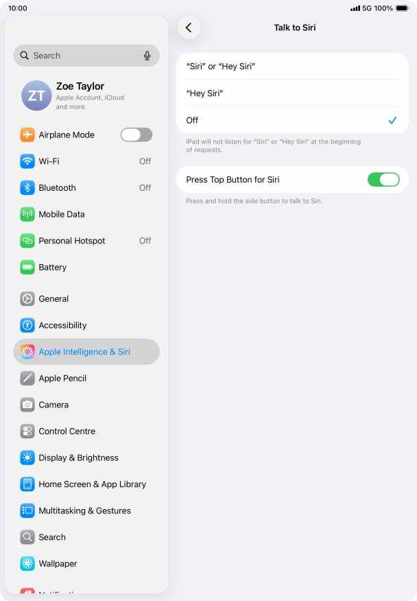 Press the required setting to turn the function on or off. If you turn on the function, you need to follow the instructions on the screen to set up Siri to recognise your voice.