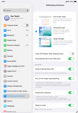 Press the indicators next to the required settings to turn them on or off.