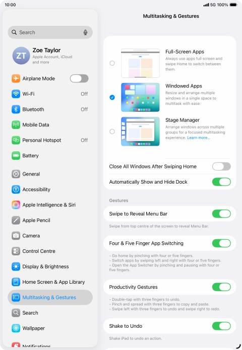 Press the indicators next to the required settings to turn them on or off.