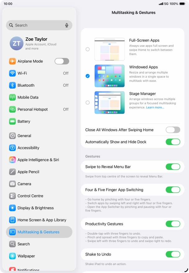 Press the indicators next to the required settings to turn them on or off.