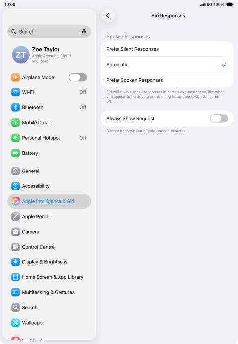 Press the required setting.
