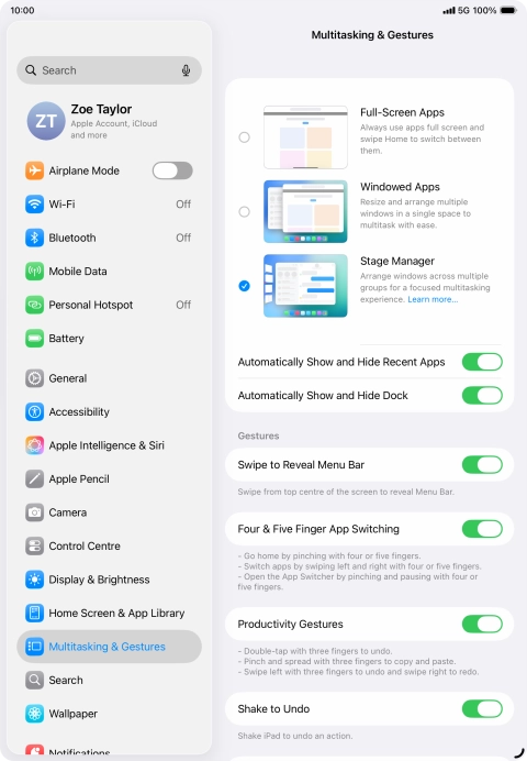 Press the indicators next to the required settings to turn them on or off.