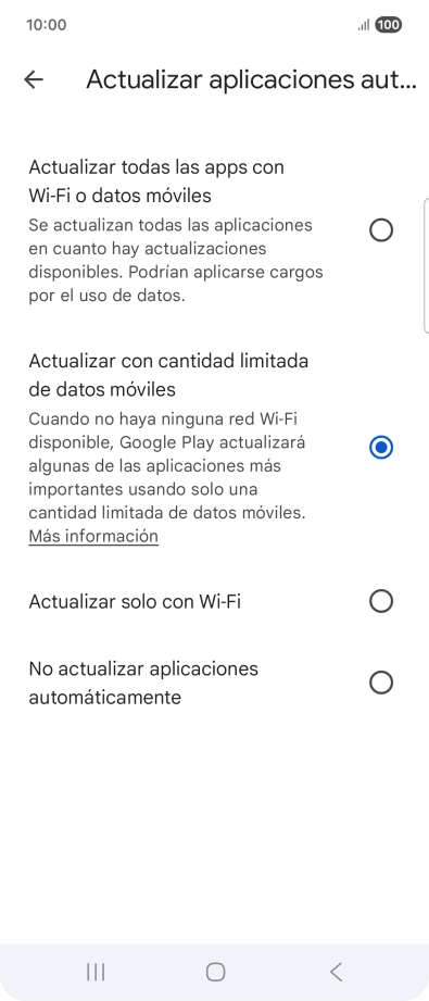 Para activar la actualización automática de apps utilizando la red móvil, pulsa Actualizar todas las apps con Wi-Fi o datos móviles.