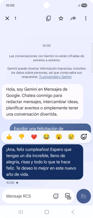 Pulsa la propuesta de texto de Gemini durante unos instantes. Sigue las indicaciones de la pantalla para utilizar el texto propuesto.