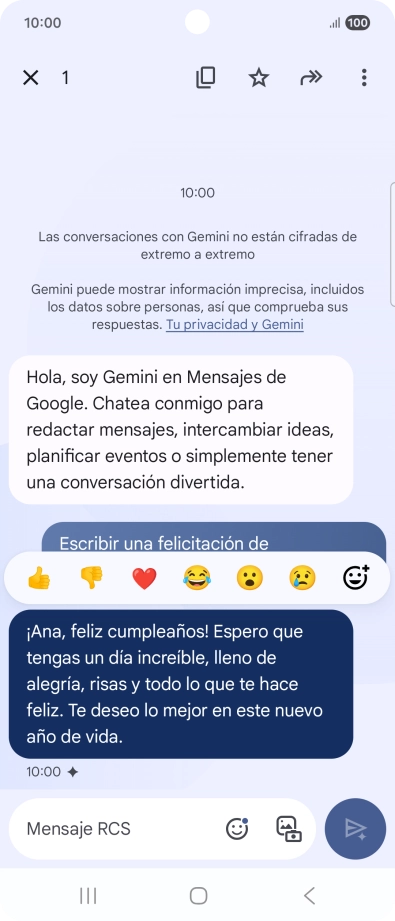 Pulsa la propuesta de texto de Gemini durante unos instantes. Sigue las indicaciones de la pantalla para utilizar el texto propuesto.